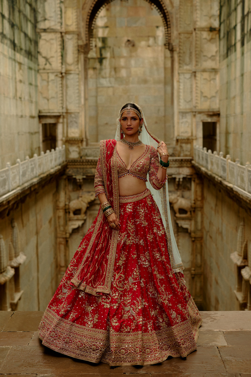 Red Raw Silk Lehenga With Multi-Bead Work