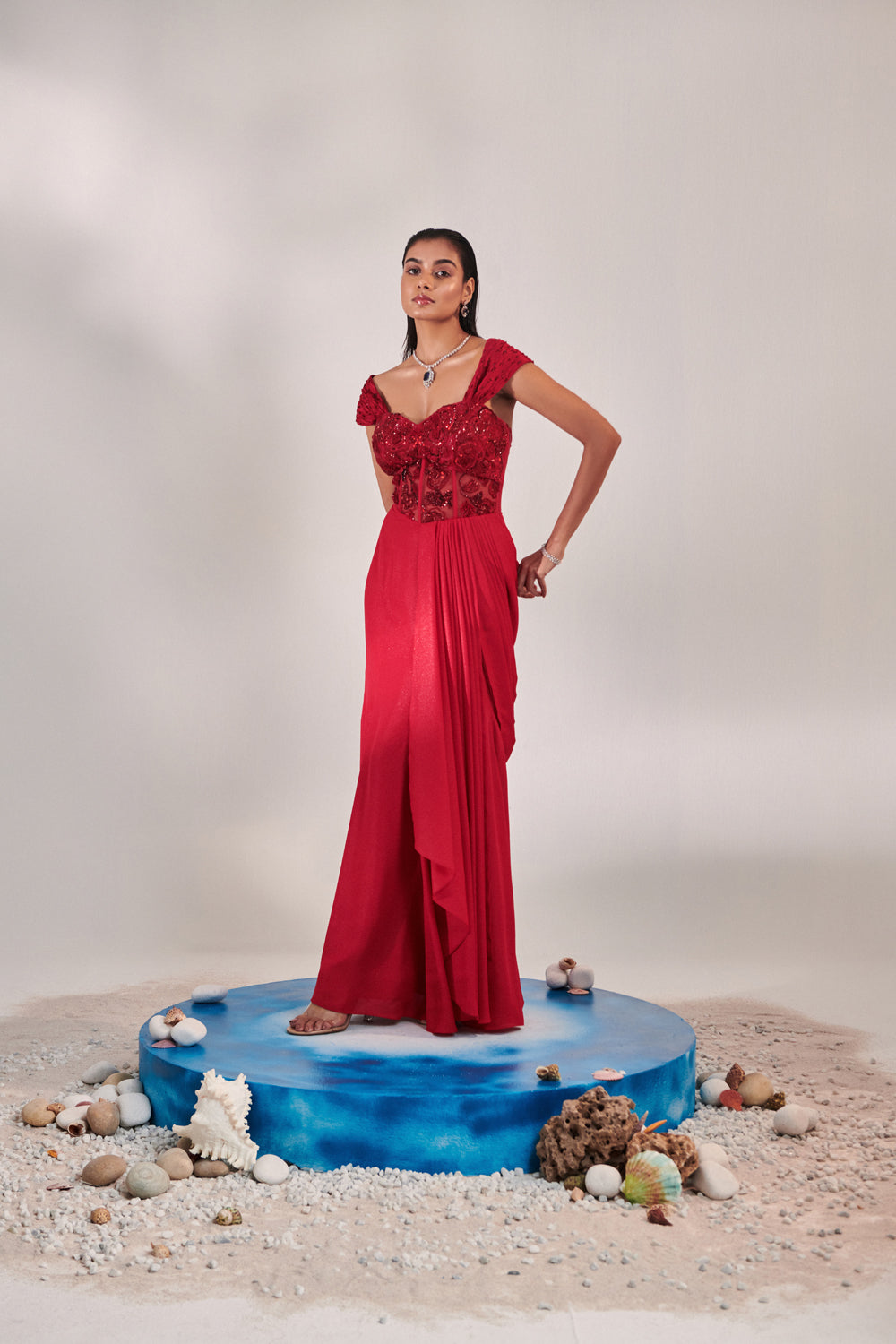 Corset Fitted Gown Draped To Accentuate Curves;Twisted Pleated Shoulder Drape; Fabric Manipulation Technique