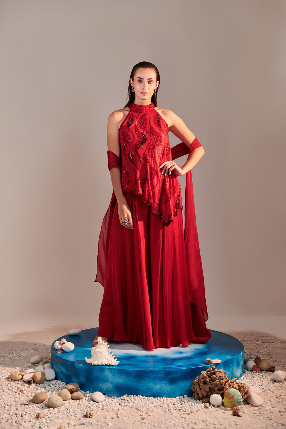 Scarlet Red Cutwork Asymmetric Tunic , Twisted Pleats Dupatta