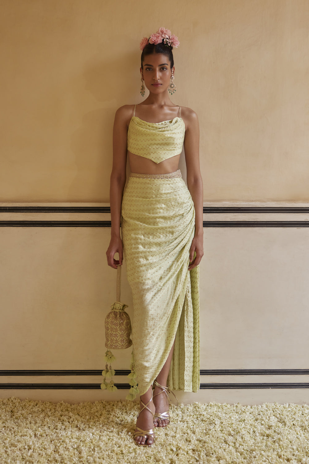 Mint Drape Skirt Paired With Cowl Top & Cape