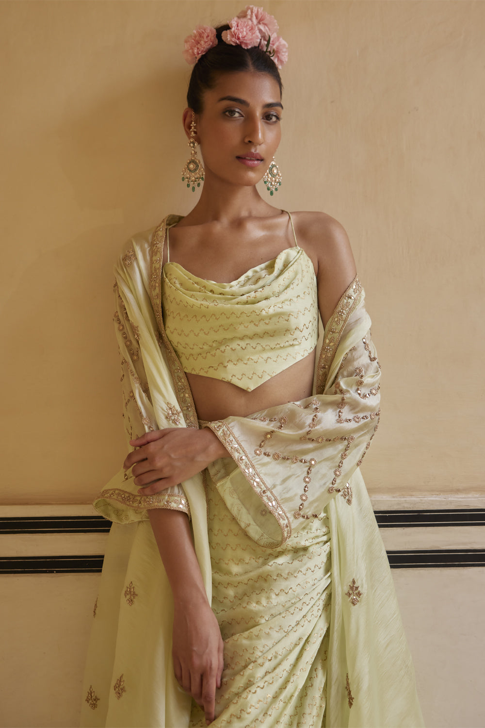 Mint Drape Skirt Paired With Cowl Top & Cape