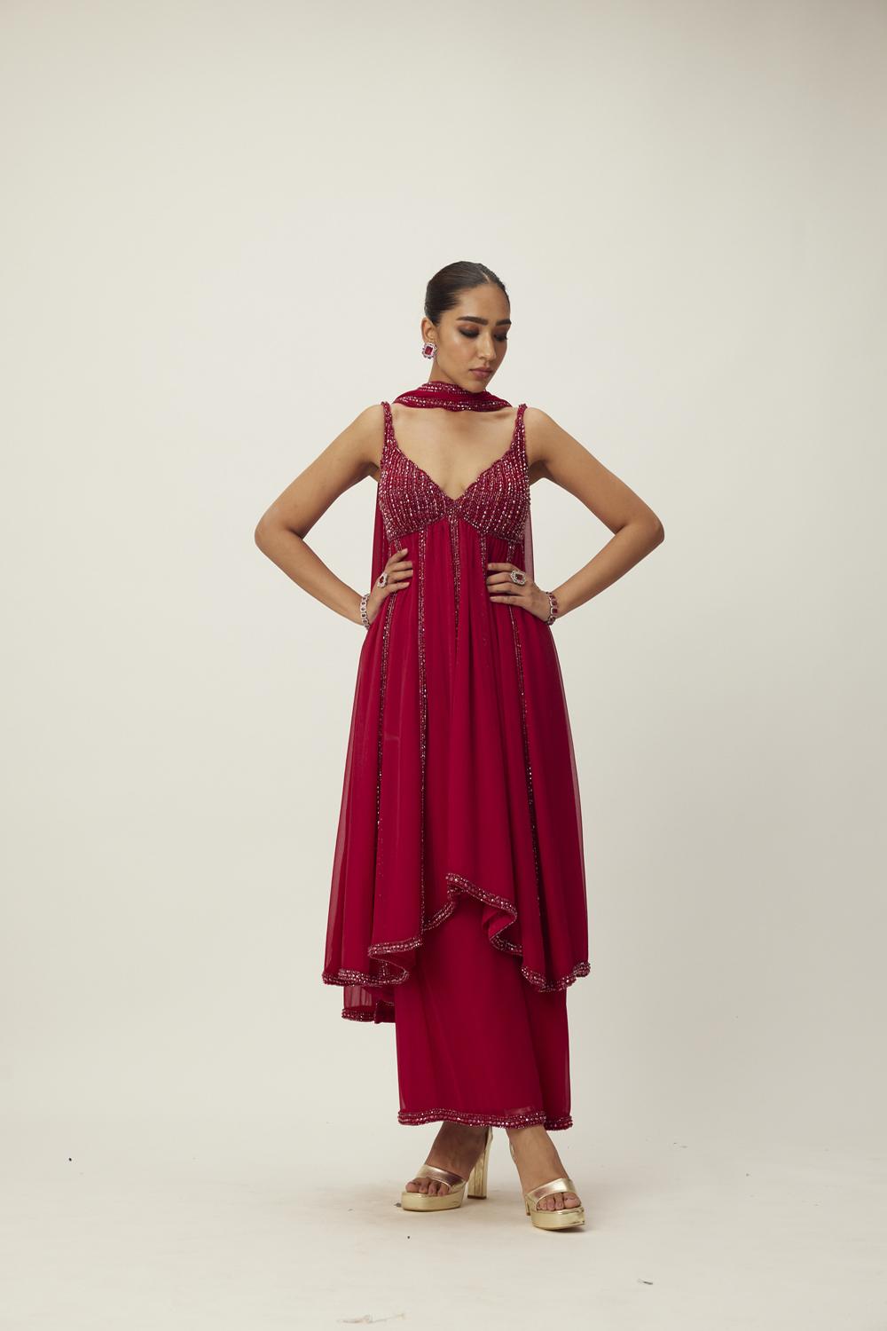 Ruby Red Crystal Embellished Kurta Set