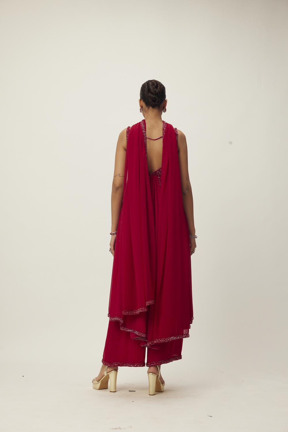 Ruby Red Crystal Embellished Kurta Set