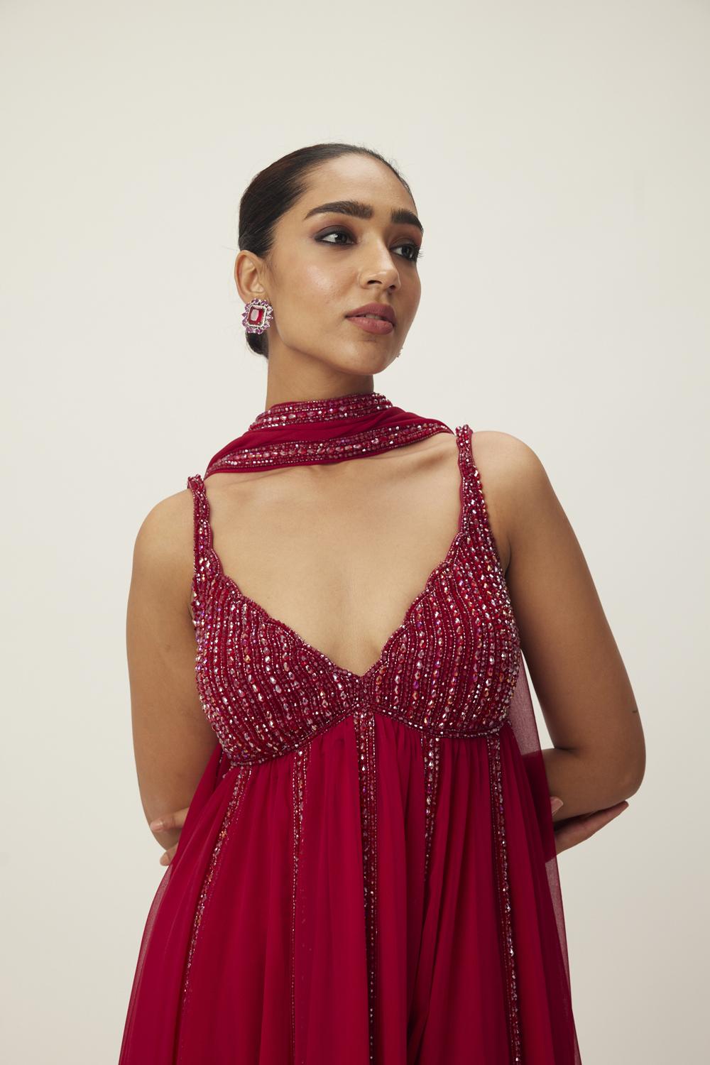 Ruby Red Crystal Embellished Kurta Set