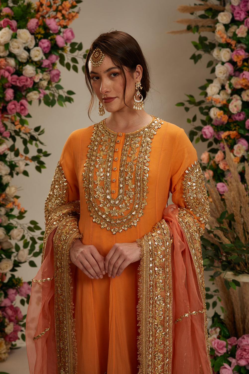 Peach  Orange Long Anarkali With Matching Salwar With Organza Dupatta