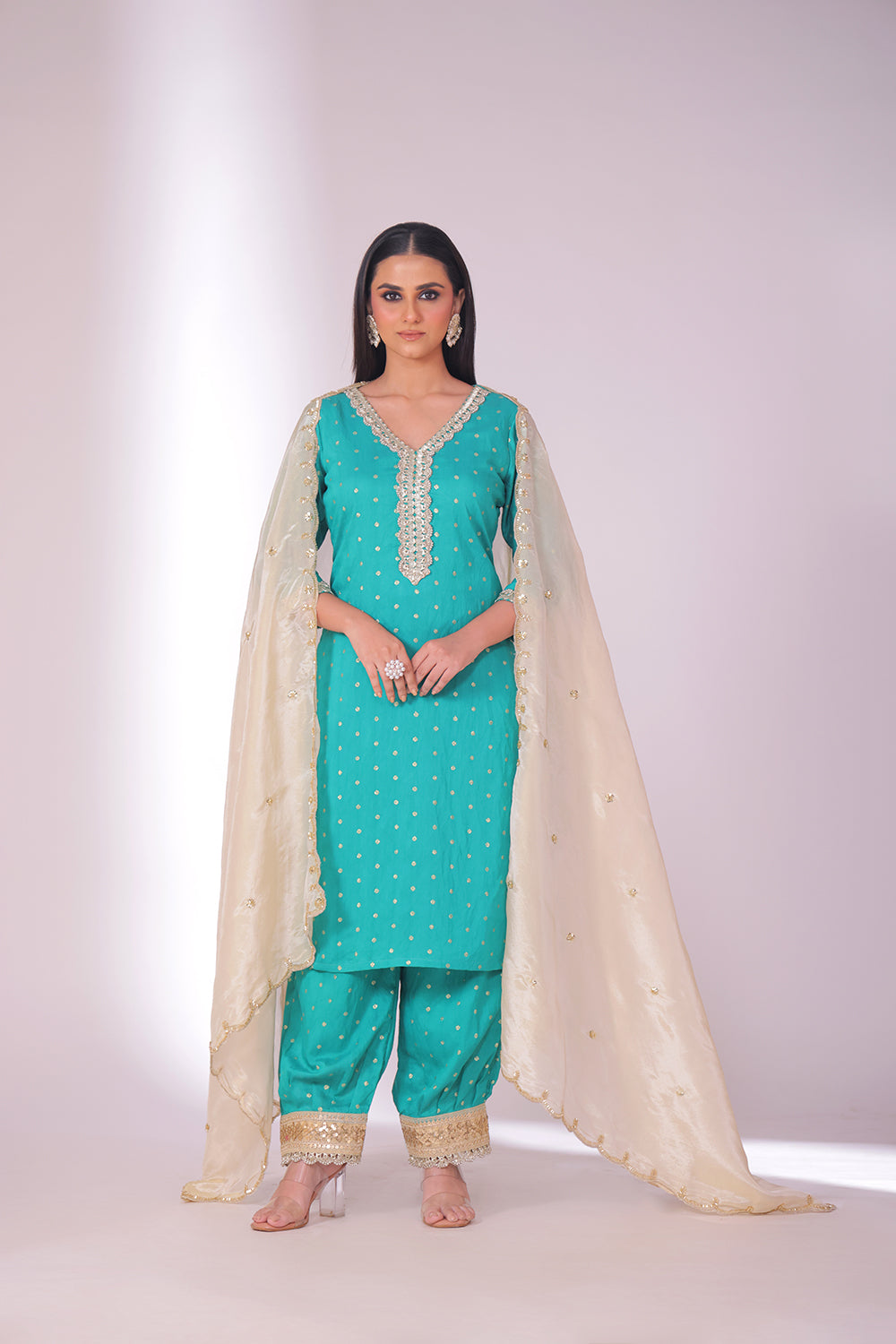 Mastani Turquoise Chanderi Kurta and Afghani Pant with dupatta- set of 3