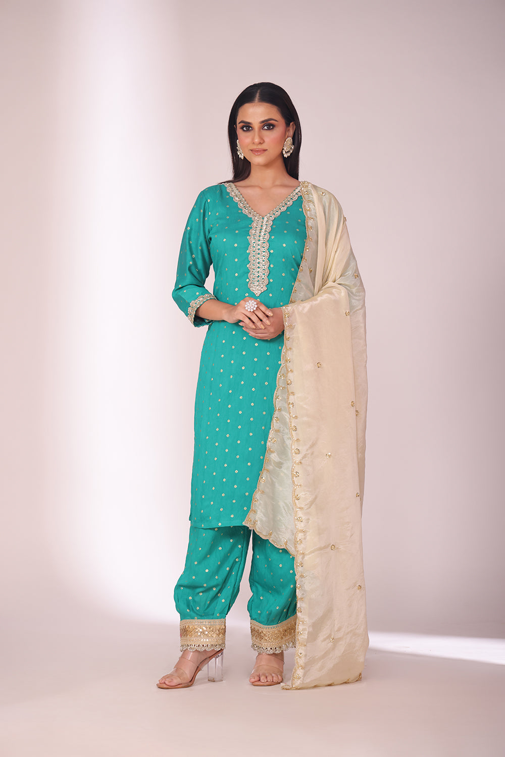Mastani Turquoise Chanderi Kurta and Afghani Pant with dupatta- set of 3