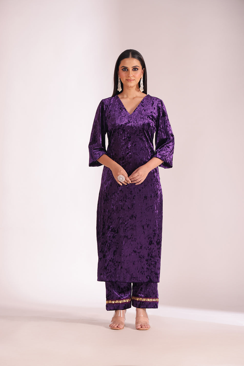 Noor-E-Zar Purple Velvet Kurta with Velvet Palazzo and Shawl - Set of 3