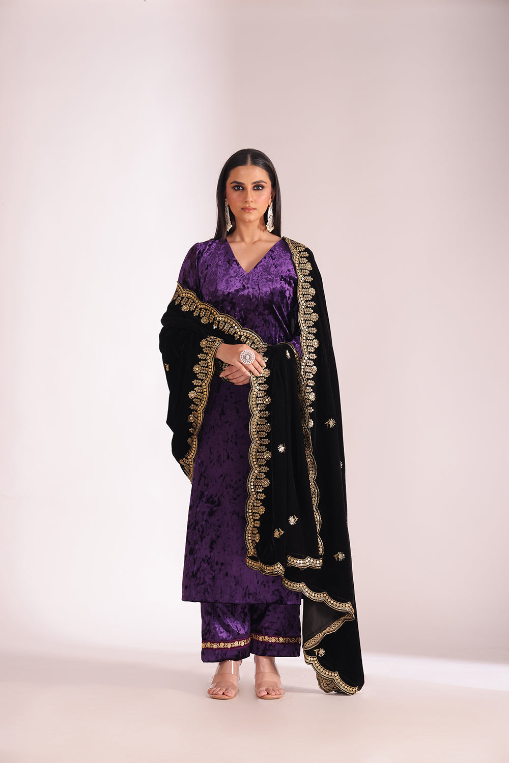 Noor-E-Zar Purple Velvet Kurta with Velvet Palazzo and Shawl - Set of 3