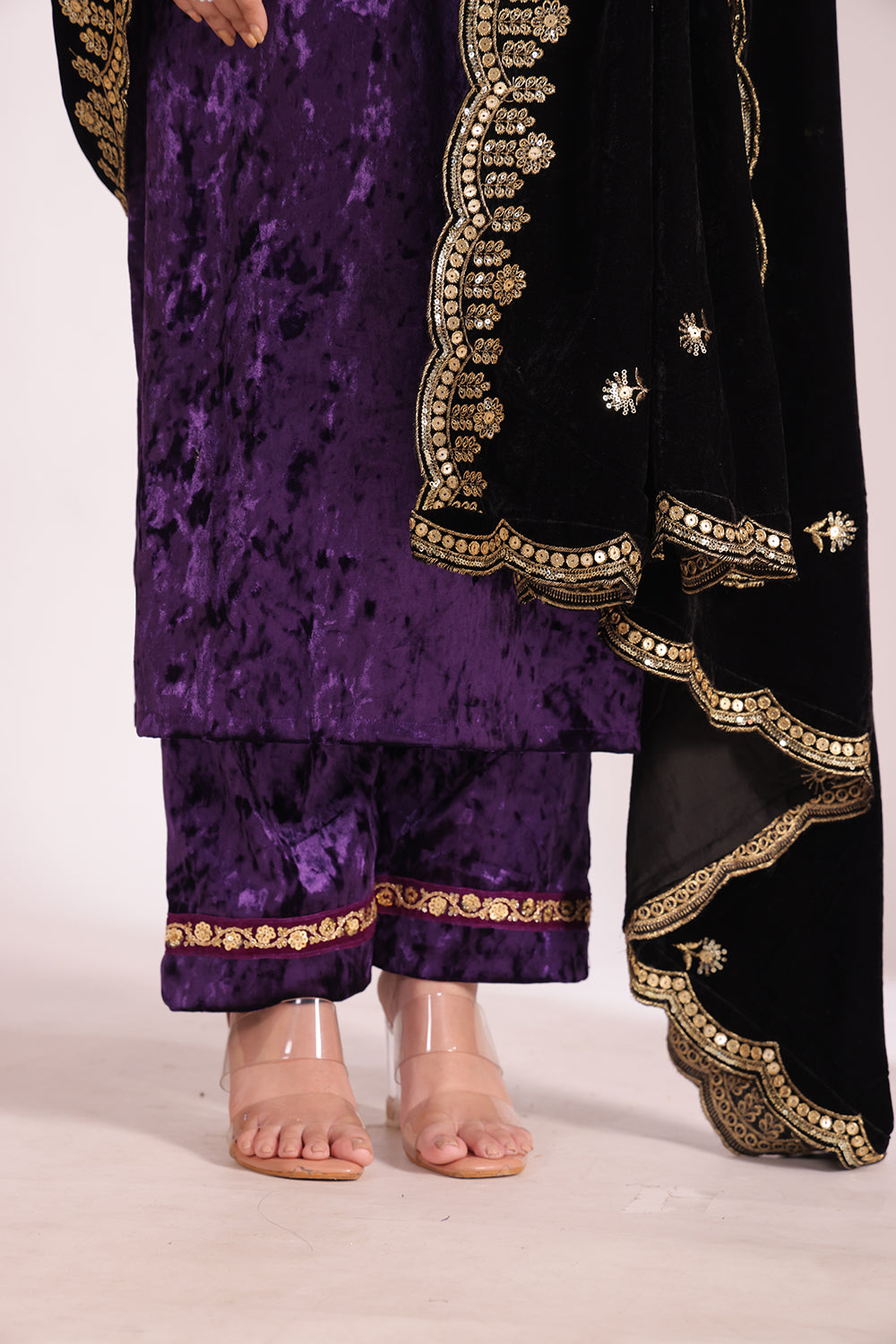 Noor-E-Zar Purple Velvet Kurta with Velvet Palazzo and Shawl - Set of 3
