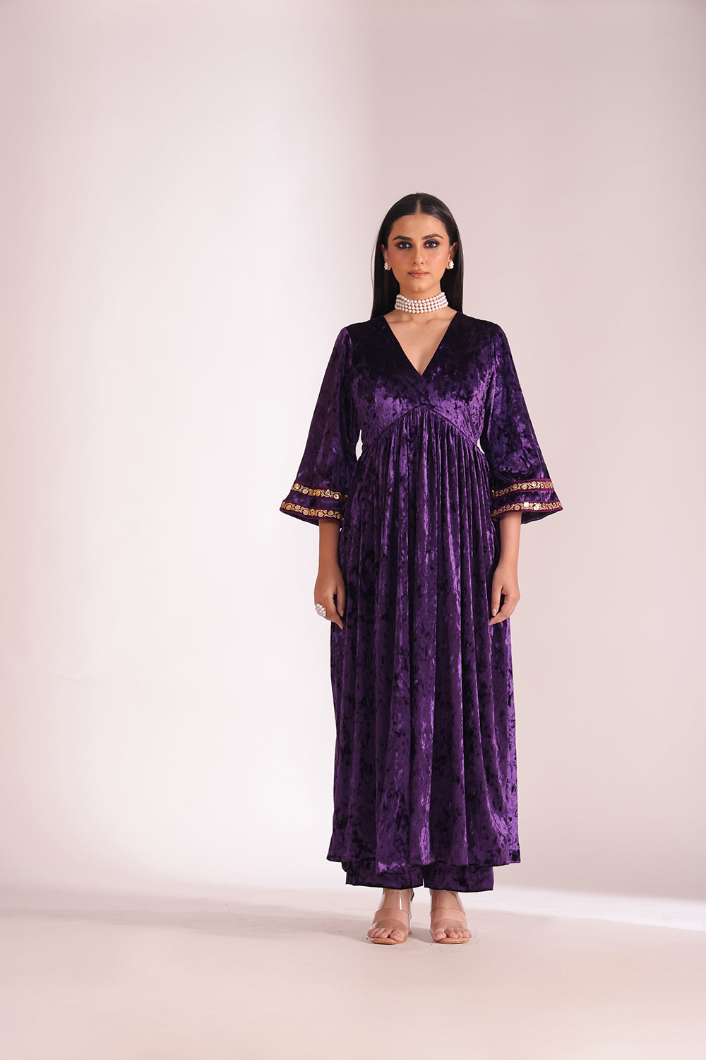 Noor-E-Zar Purple Velvet Anarkali with Velvet Palazzo and Shawl - Set of 3