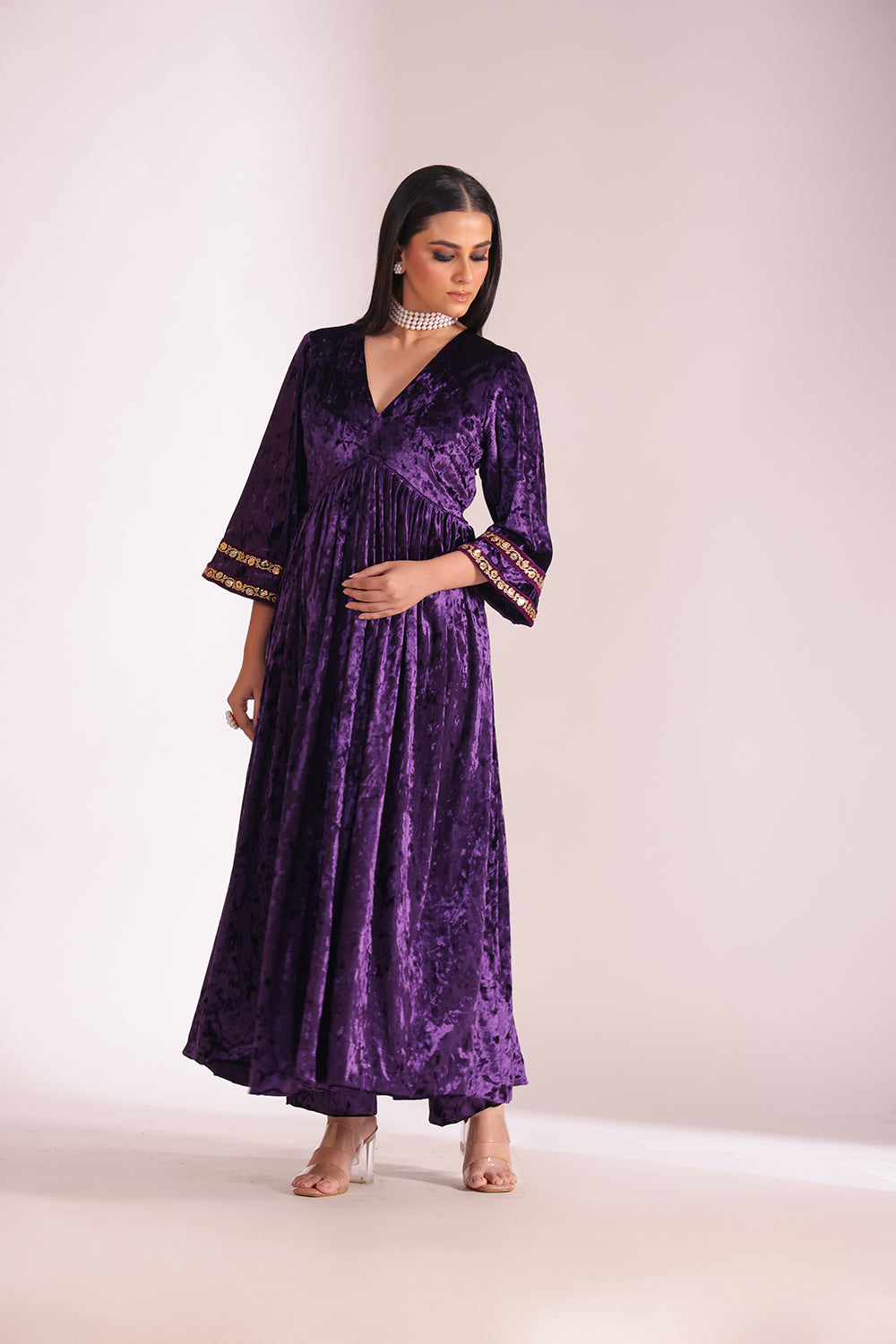 Noor-E-Zar Purple Velvet Anarkali with Velvet Palazzo and Shawl - Set of 3