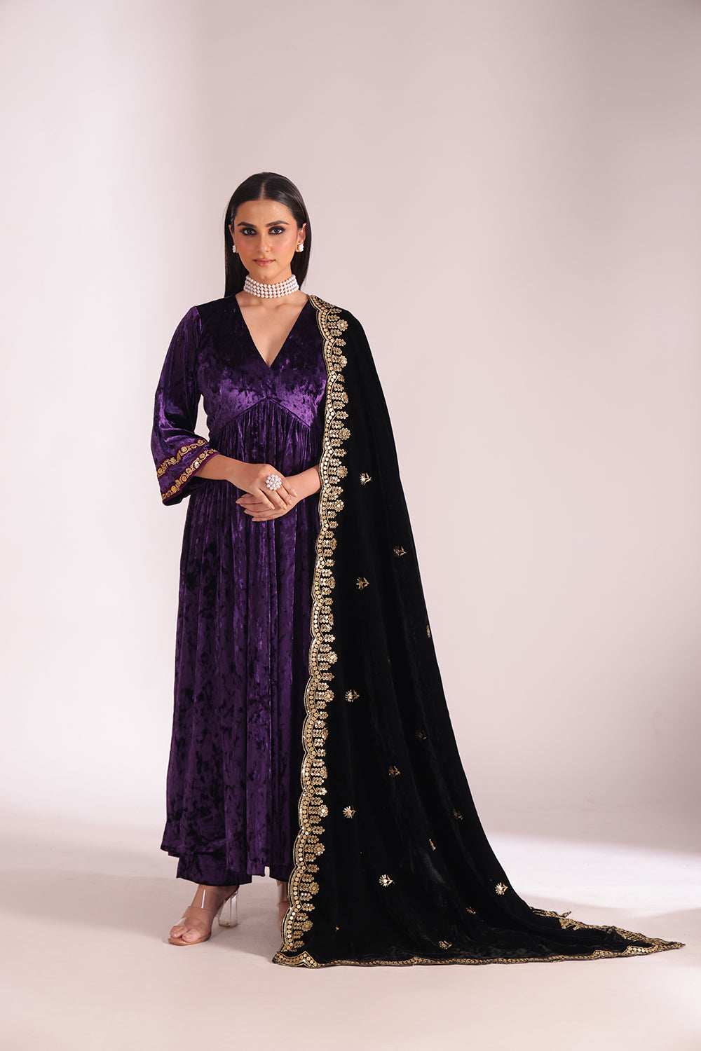 Noor-E-Zar Purple Velvet Anarkali with Velvet Palazzo and Shawl - Set of 3
