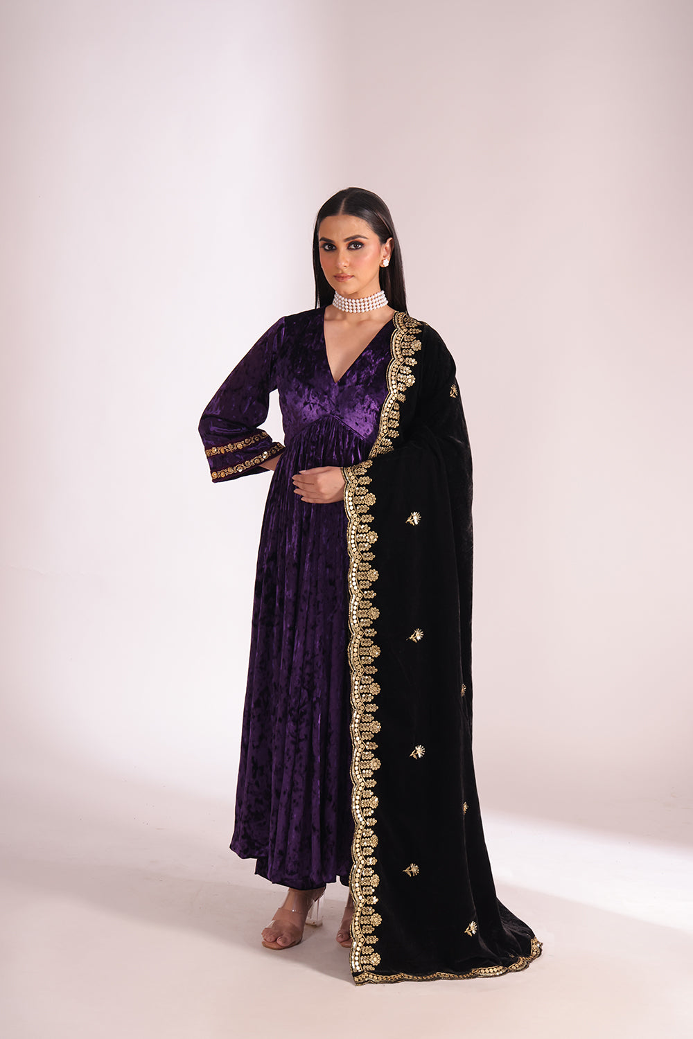Noor-E-Zar Purple Velvet Anarkali with Velvet Palazzo and Shawl - Set of 3