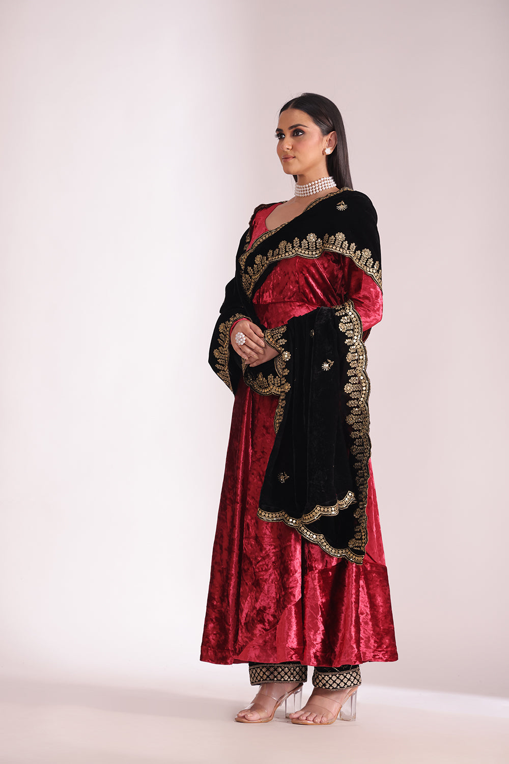 Noor-E-Zar Red Velvet Anarkali with Velvet Palazzo and Shawl - Set of 3