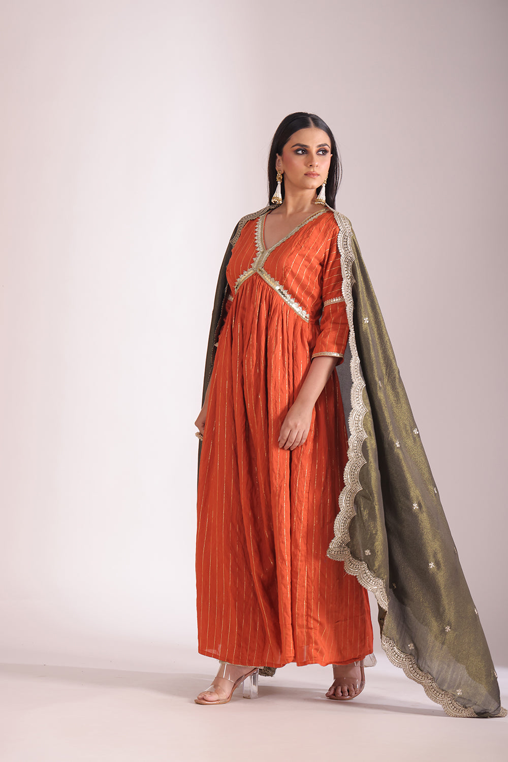 Mastani Rust Orange Chanderi Anarkali and Pant with dupatta- set of 3