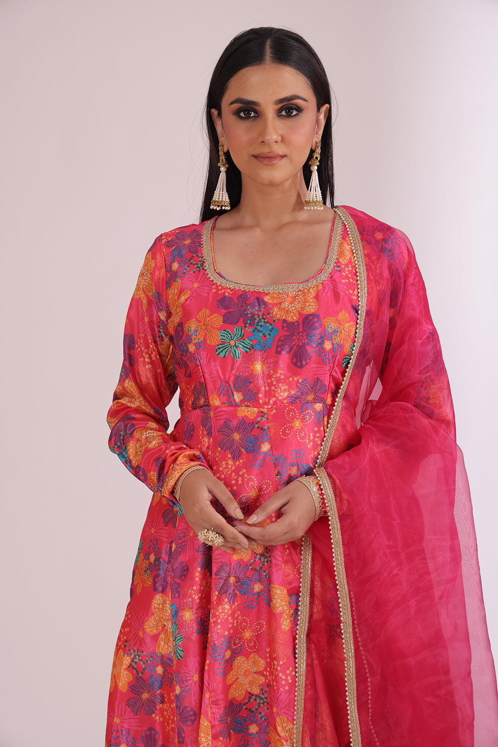 Gulzar Pink Floral printed Anarkali with pant and dupatta- set of 3