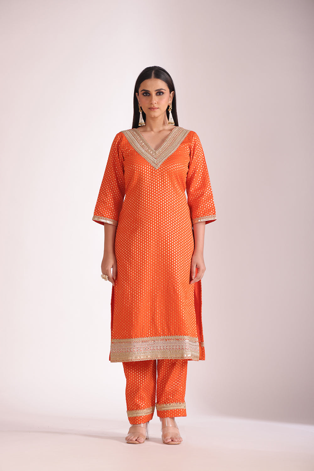 Noorika Orange Silk Kurta with Pant and dupatta- set of 3