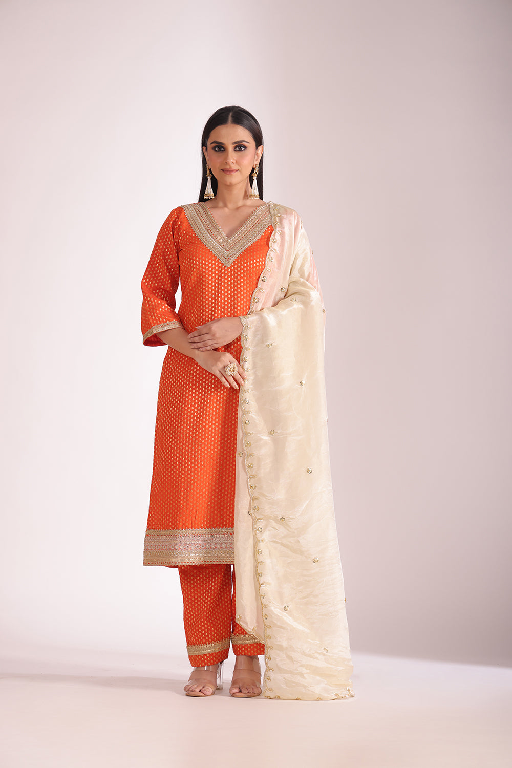 Noorika Orange Silk Kurta with Pant and dupatta- set of 3