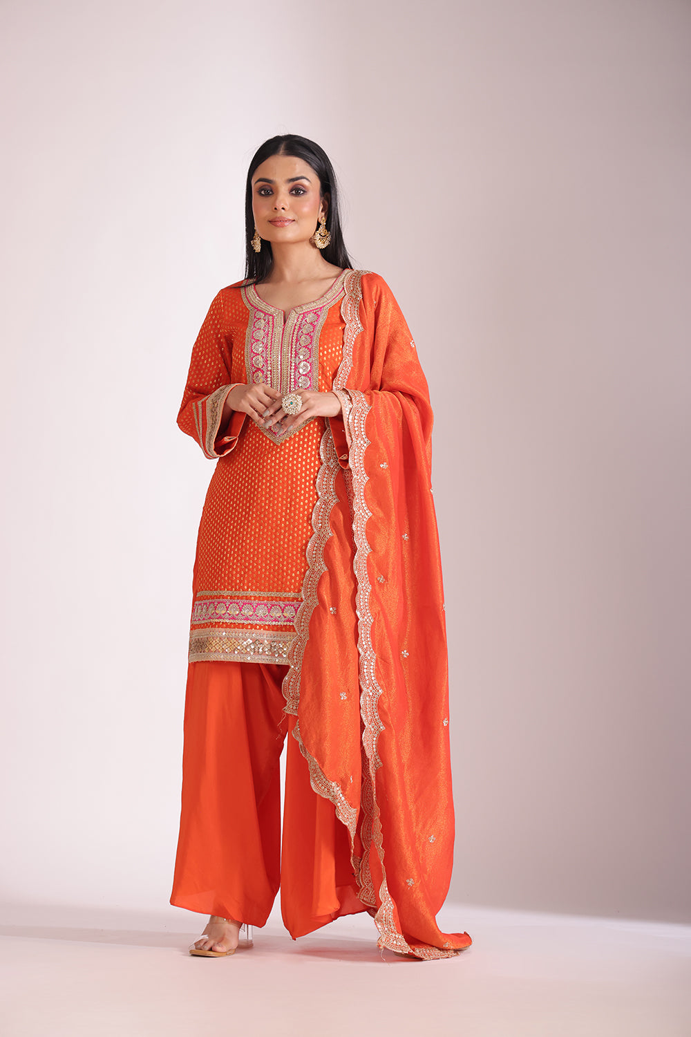 Noorika Orange Silk Kurta with Dhoti pant and dupatta- set of 3