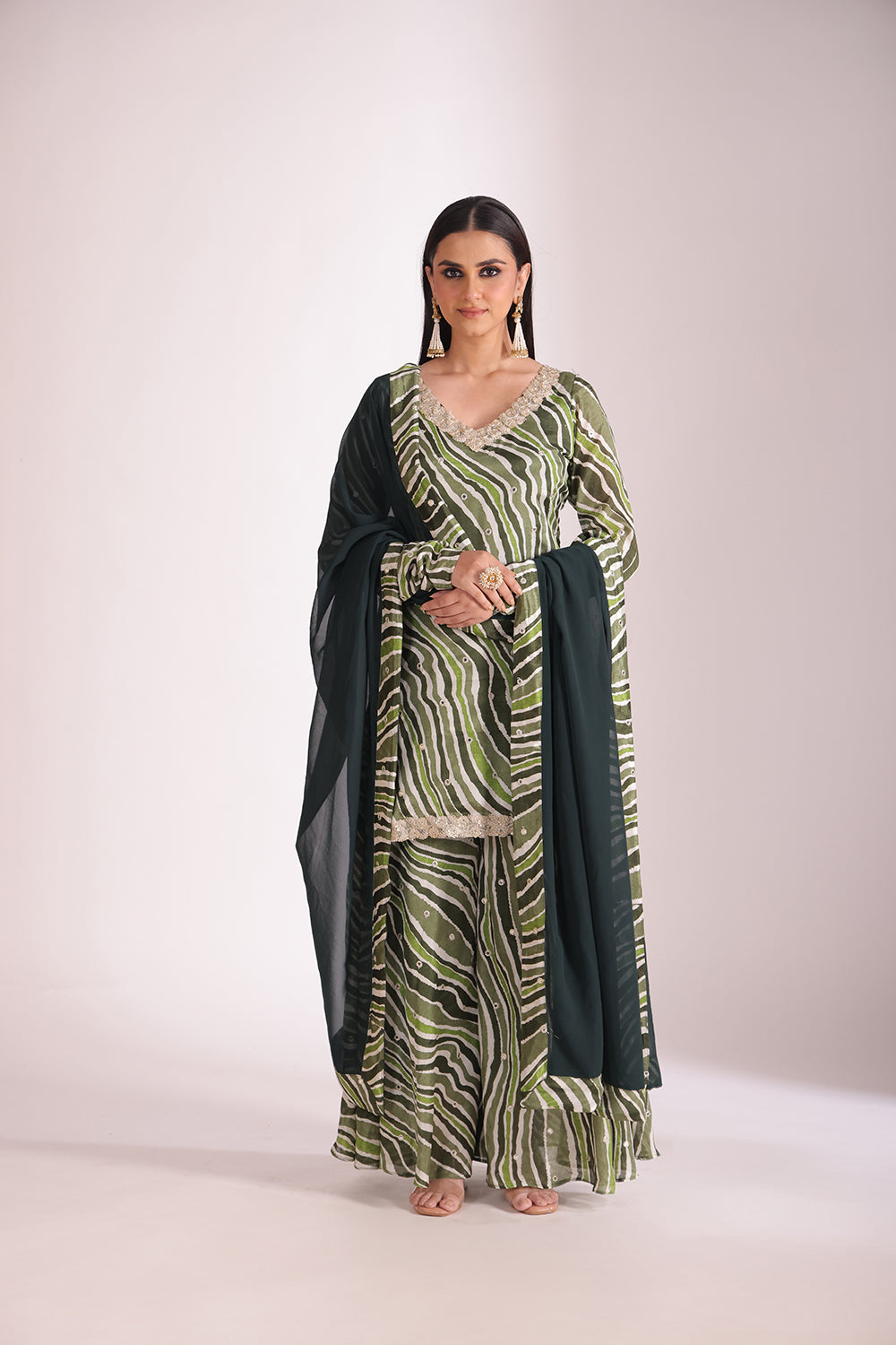 Gulzar Green printed Kurta with Sharara and dupatta- set of 3