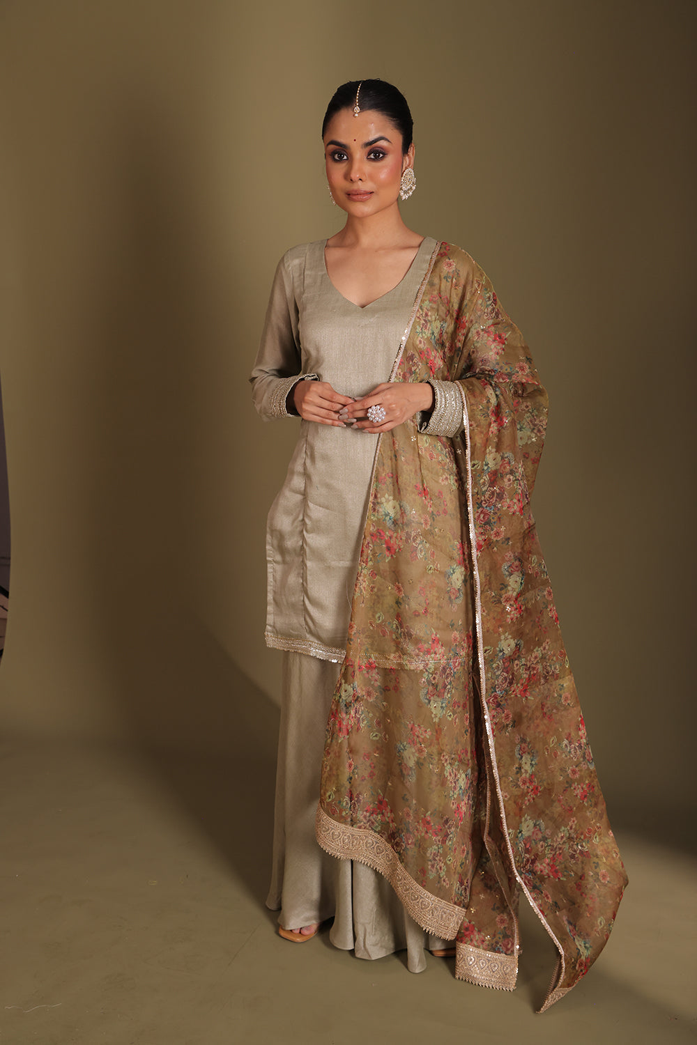 Jhalak Sage Kurta with Sharara and Dupatta- set of 3