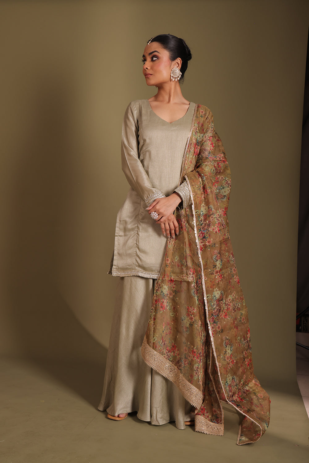 Jhalak Sage Kurta with Sharara and Dupatta- set of 3