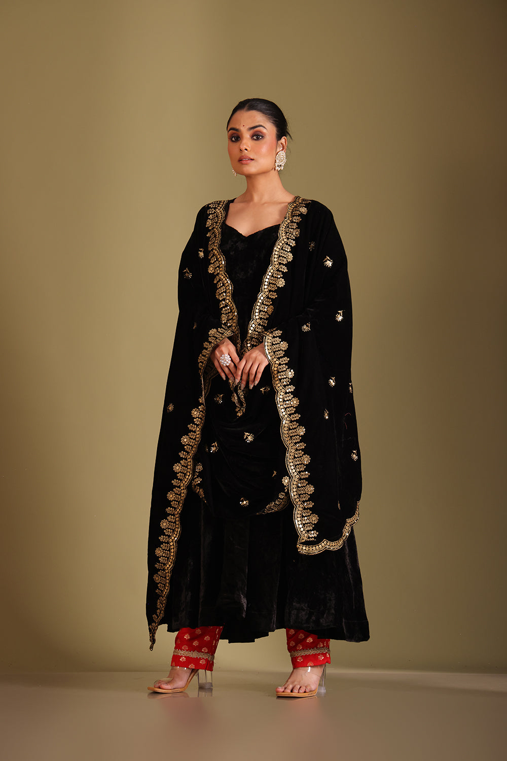 Noor-E-Zar Black Velvet Anarkali with Silk pants and Shawl - Set of 3