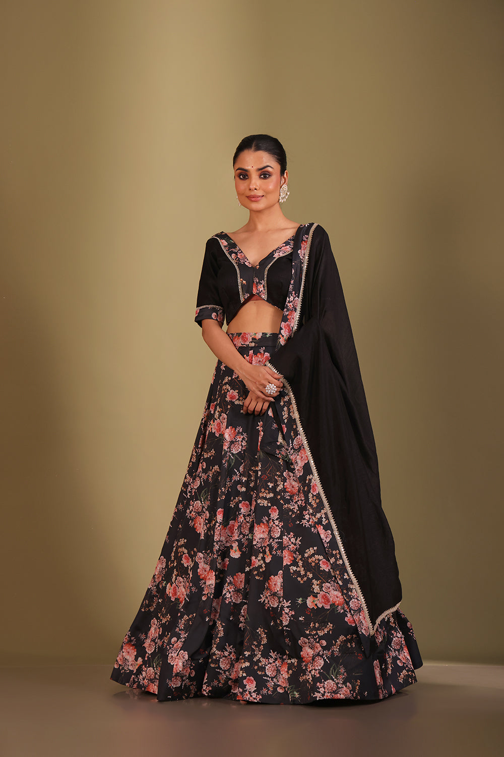 Gulzar Black Floral printed blouse with lehenga and dupatta- set of 3