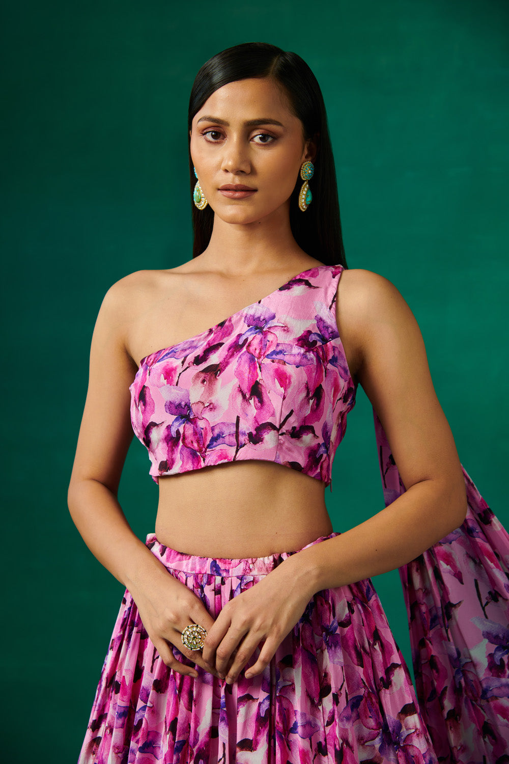 Mauve Floral Print Lehenga Set With Dupatta Attached On Shoulder
