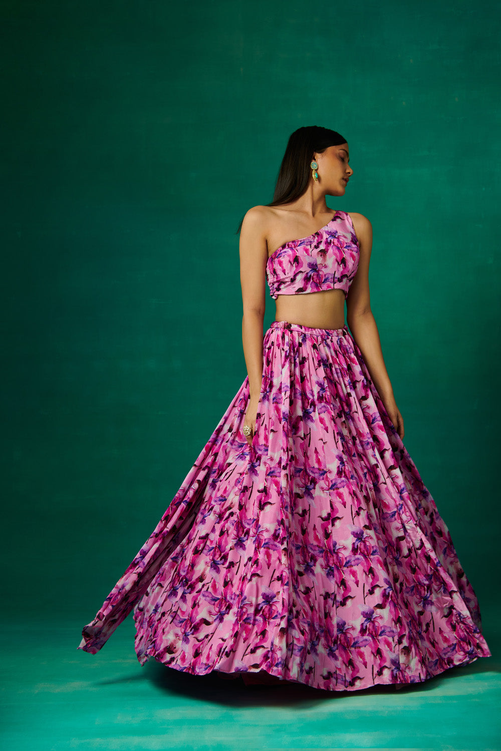 Mauve Floral Print Lehenga Set With Dupatta Attached On Shoulder