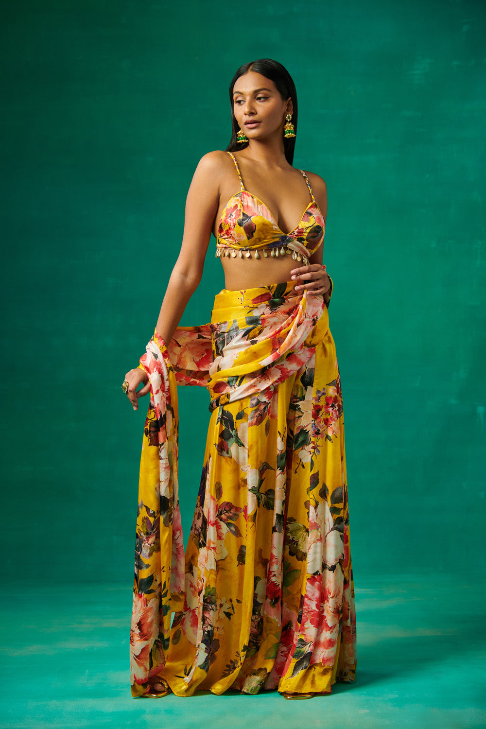 Surajmukhi Yellow Floral Print Blouse With Flared Sharara And Drape Attached To It