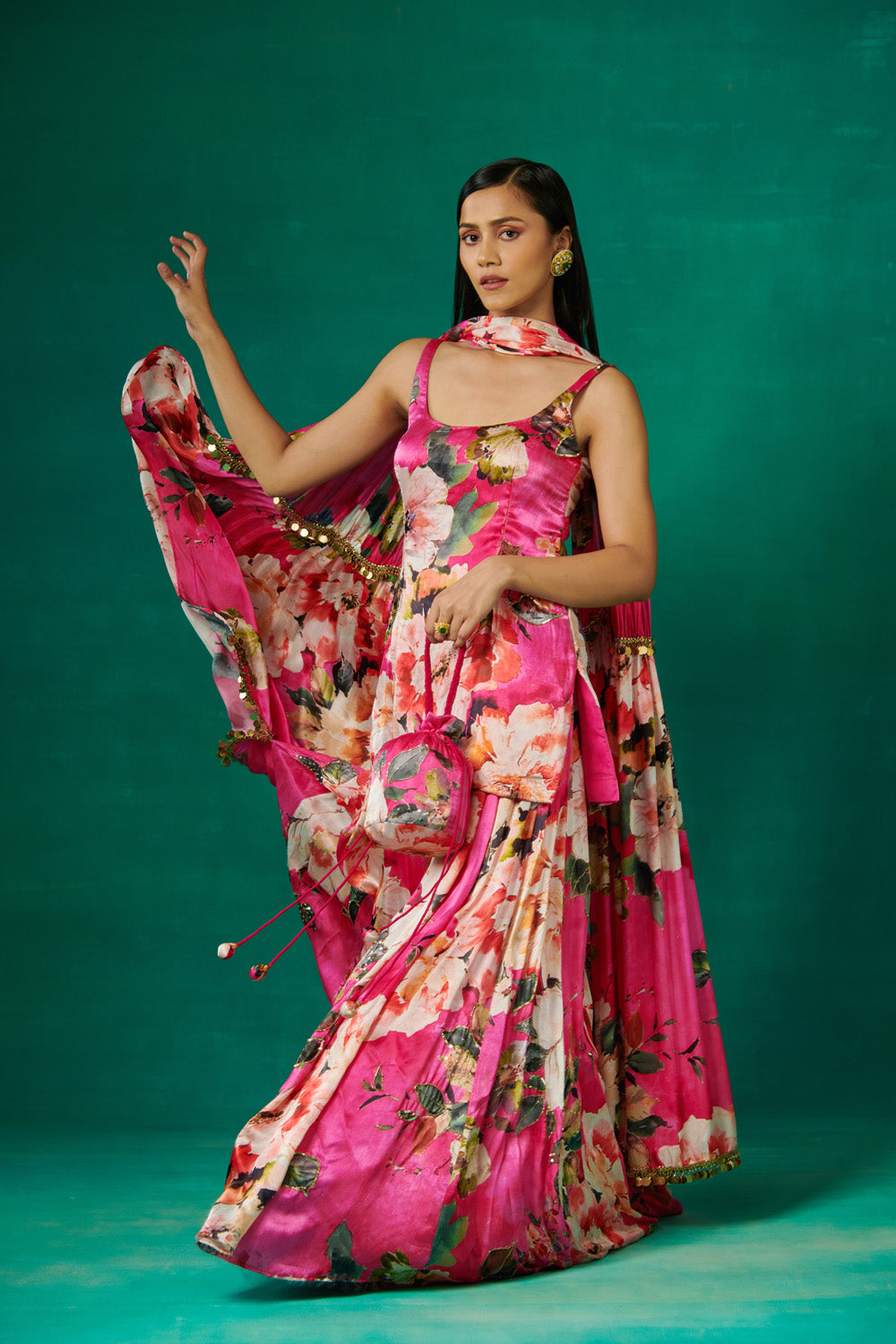 Pink Floral Print Kurta With Flared Sharara And Dupatta