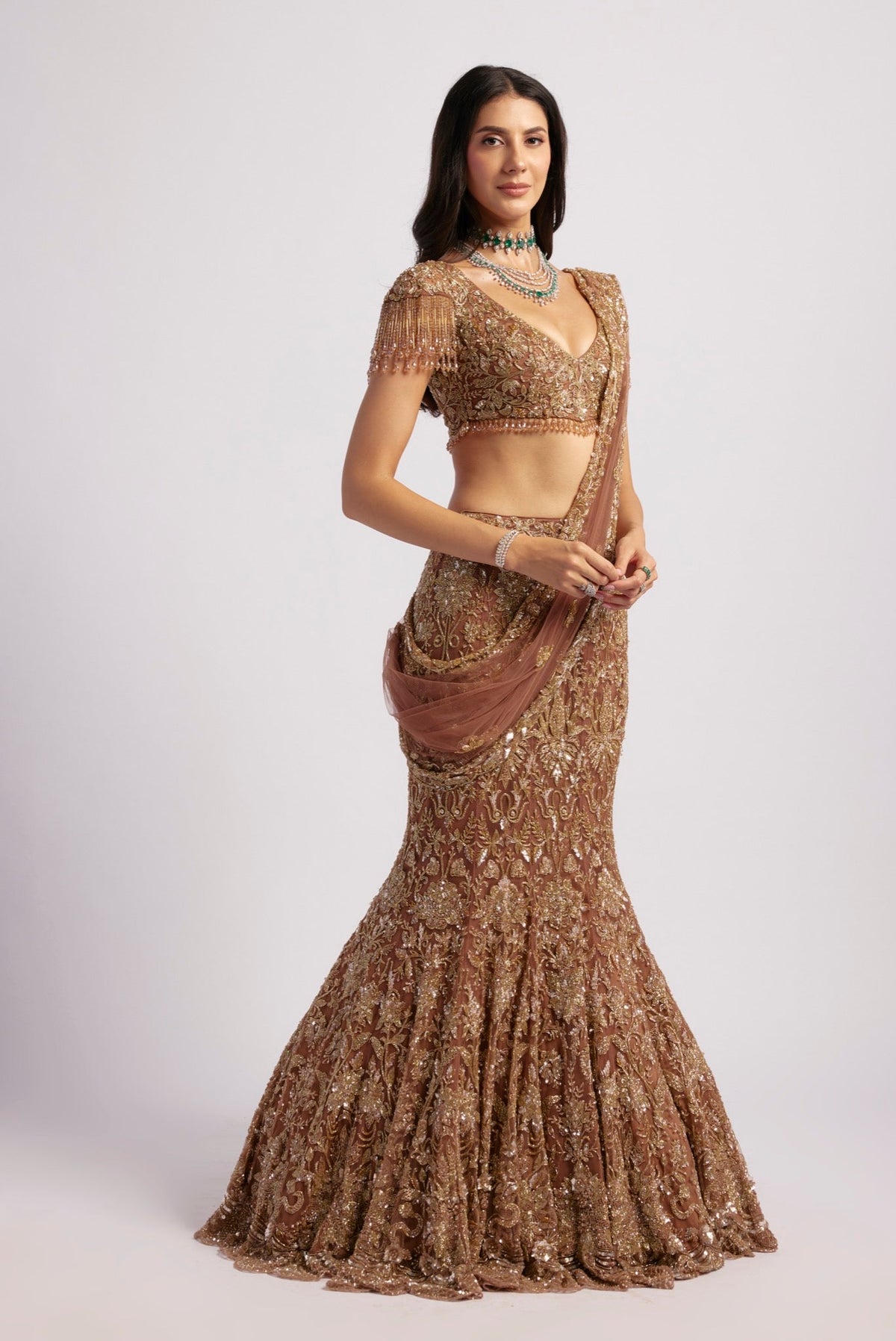 ZEEBA BROWN GOLD SAREE
