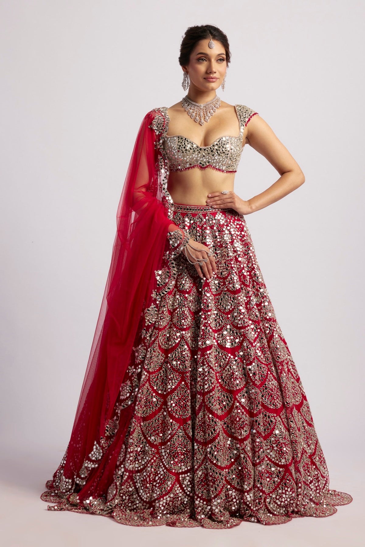 RANGREZ RED PINK MIRROR LEHENGA