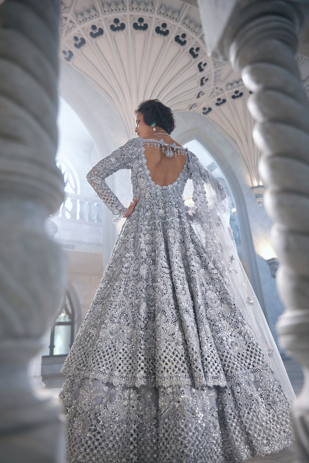 Silver Cut Work Jacket Lehenga Set