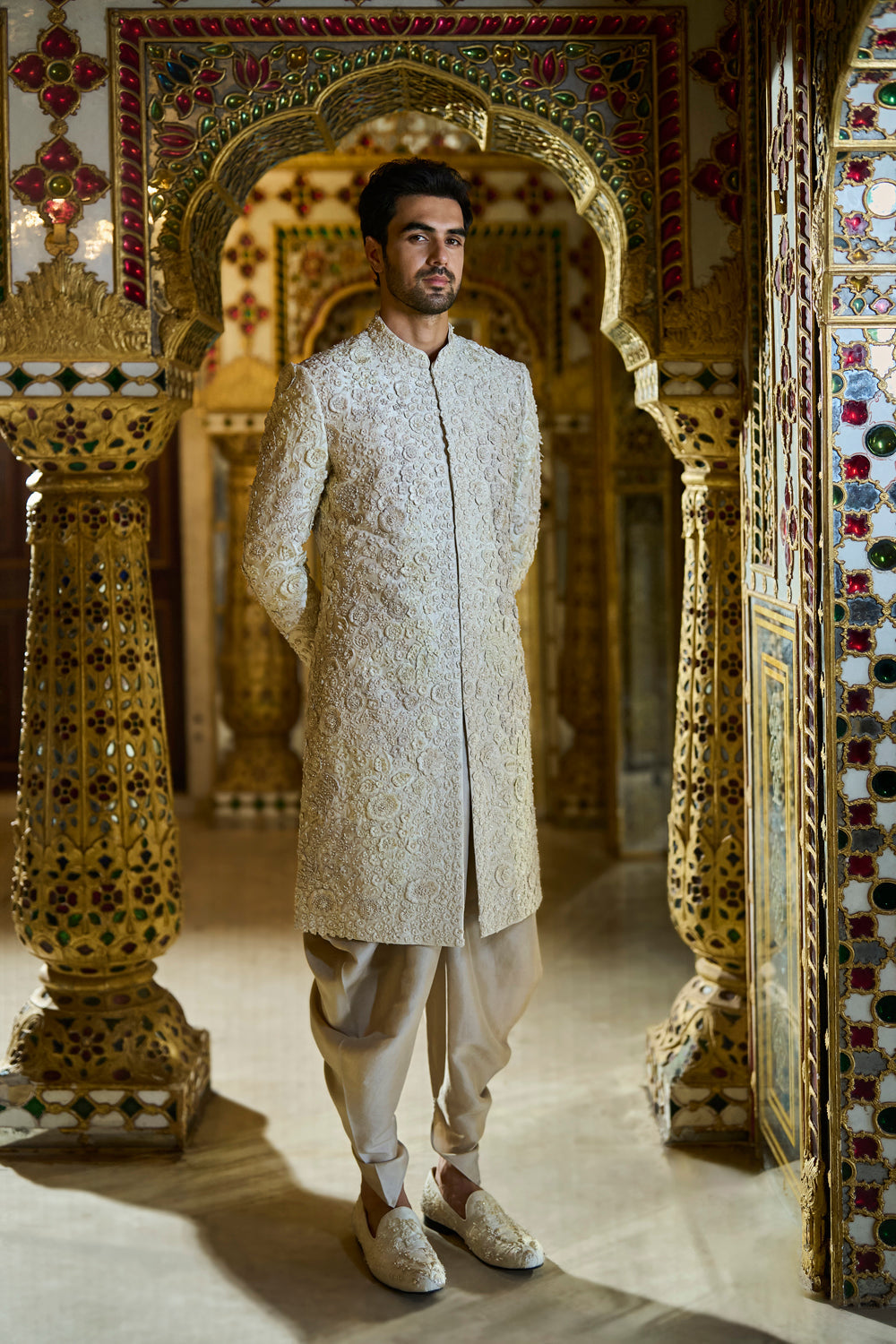 Vinatge Ivorry Three-Dimensional Sherwani Set