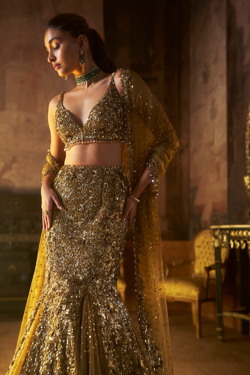 Antique Gold Fit & Flare Skirt Set