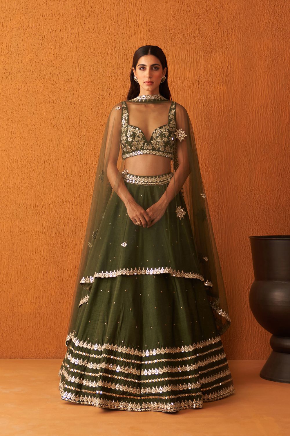 Forest Green Raw Silk Lehnga Set
