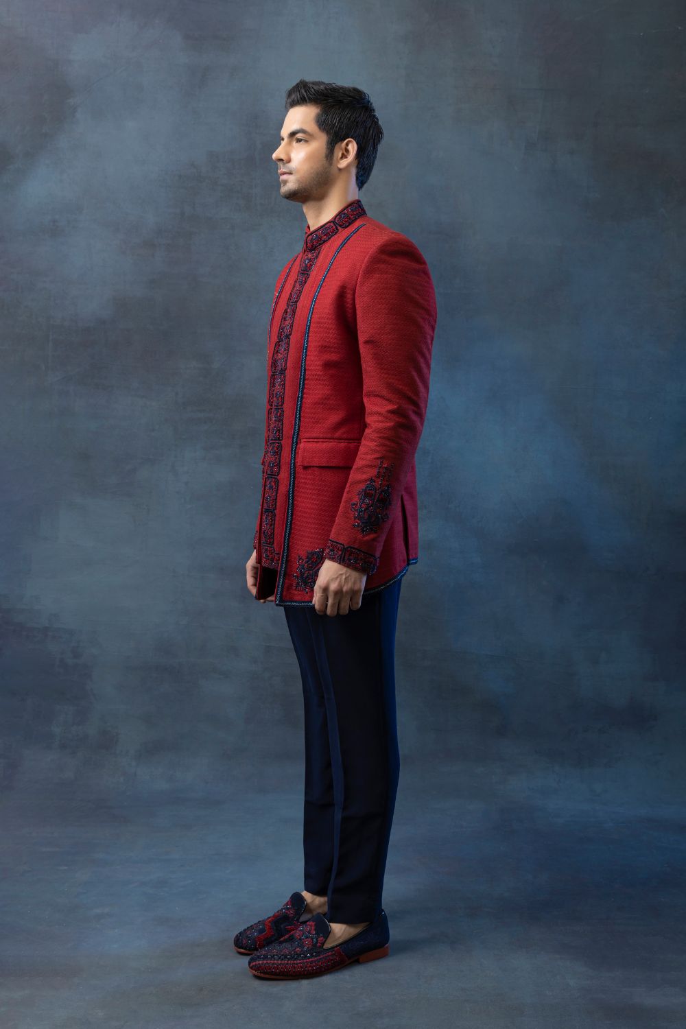 Red Panel Bandhgala With Pants