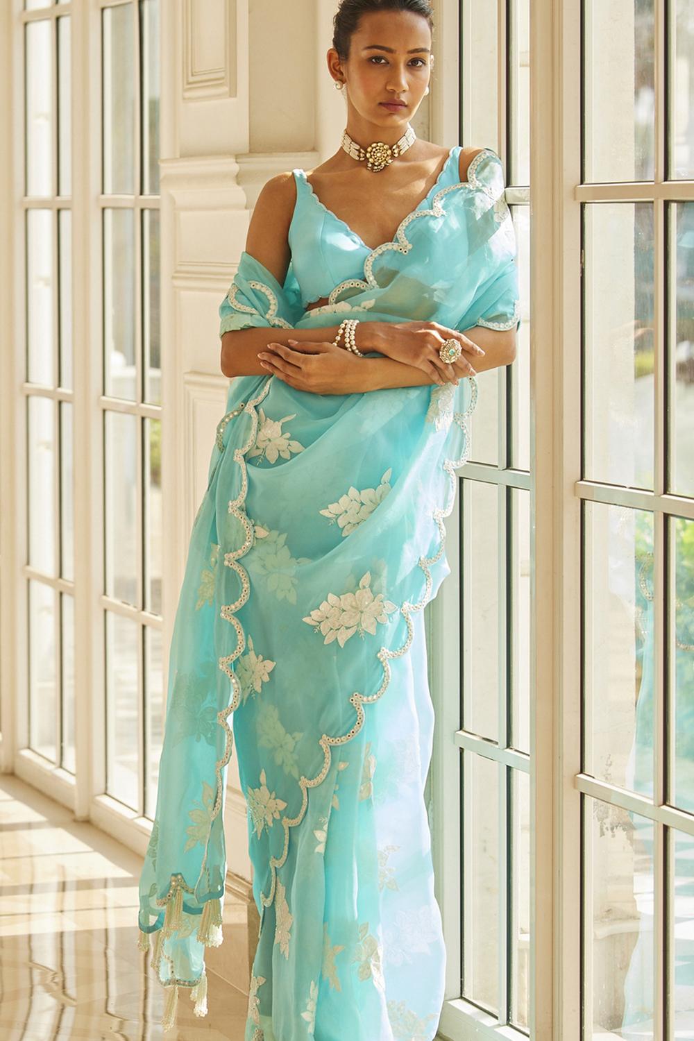 Blue Flower Saree Set