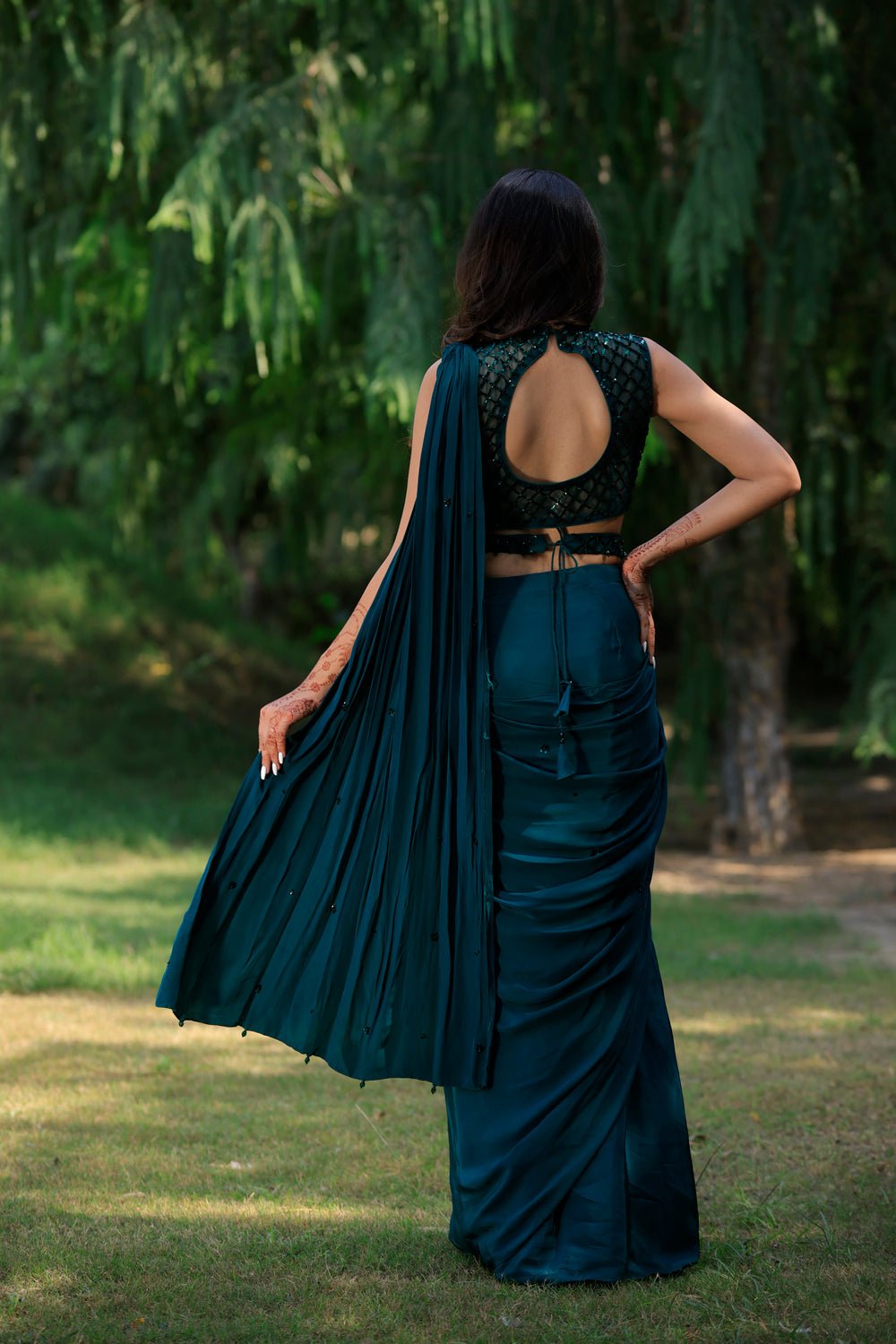 Peacock Green Embellished Drape Saree
