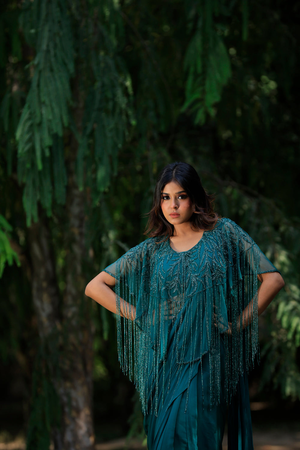 Peacock Green Drape Saree Set