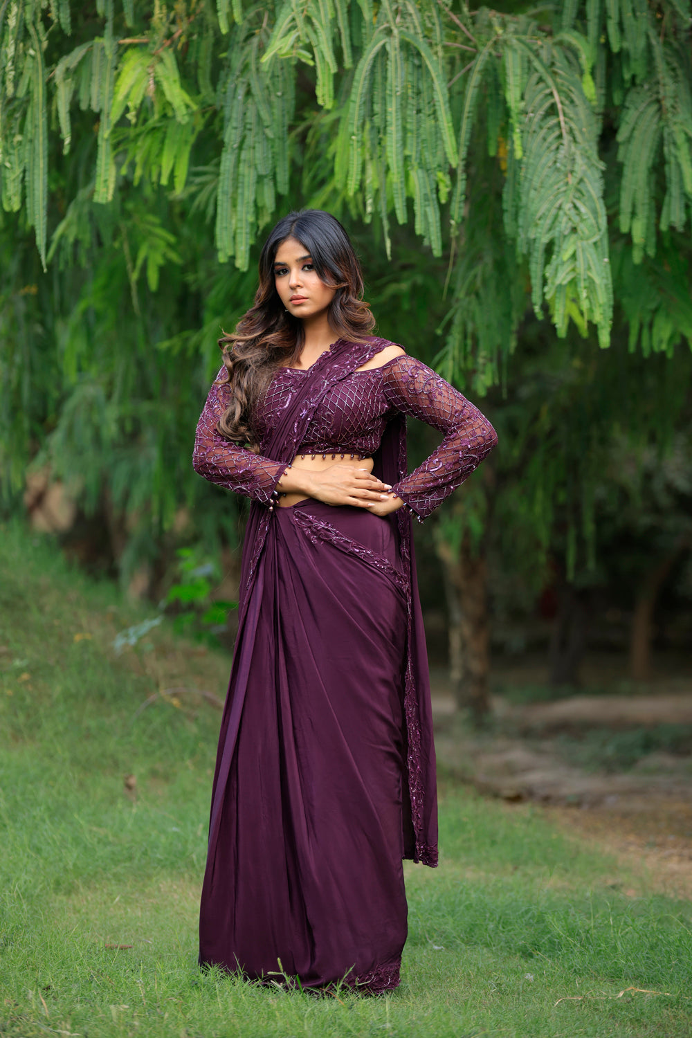 Wine Drape Embellished Drape Saree