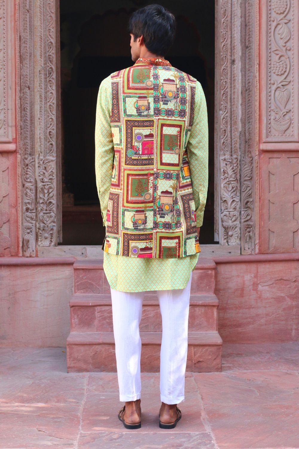 Tea Green Print Kurta , With Pant Pajama And Waistcoat
