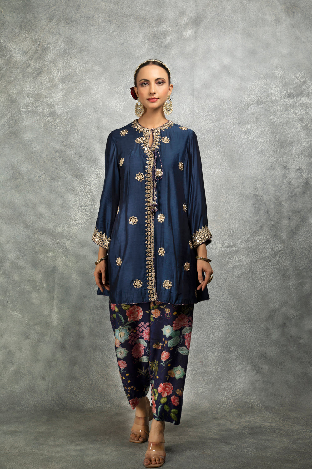 Blue Mirror Embroidered Angrakha With Printed Pants & Dupatta Set Of 3