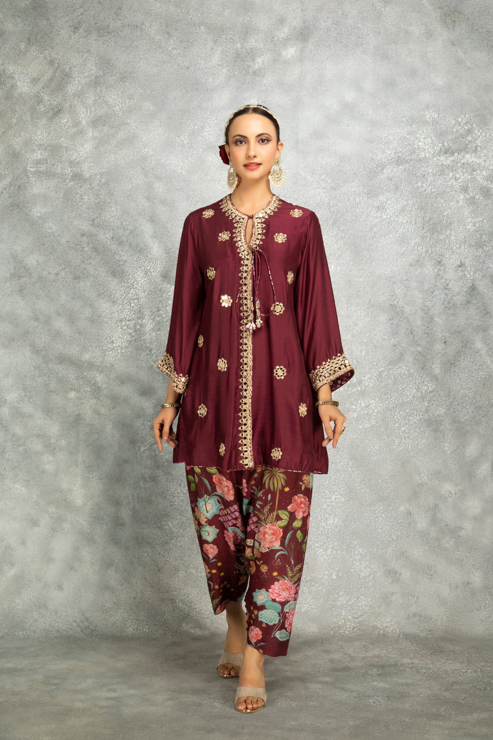 Wine Mirror Embroidered Angrakha With Printed Pants & Dupatta Set Of 3
