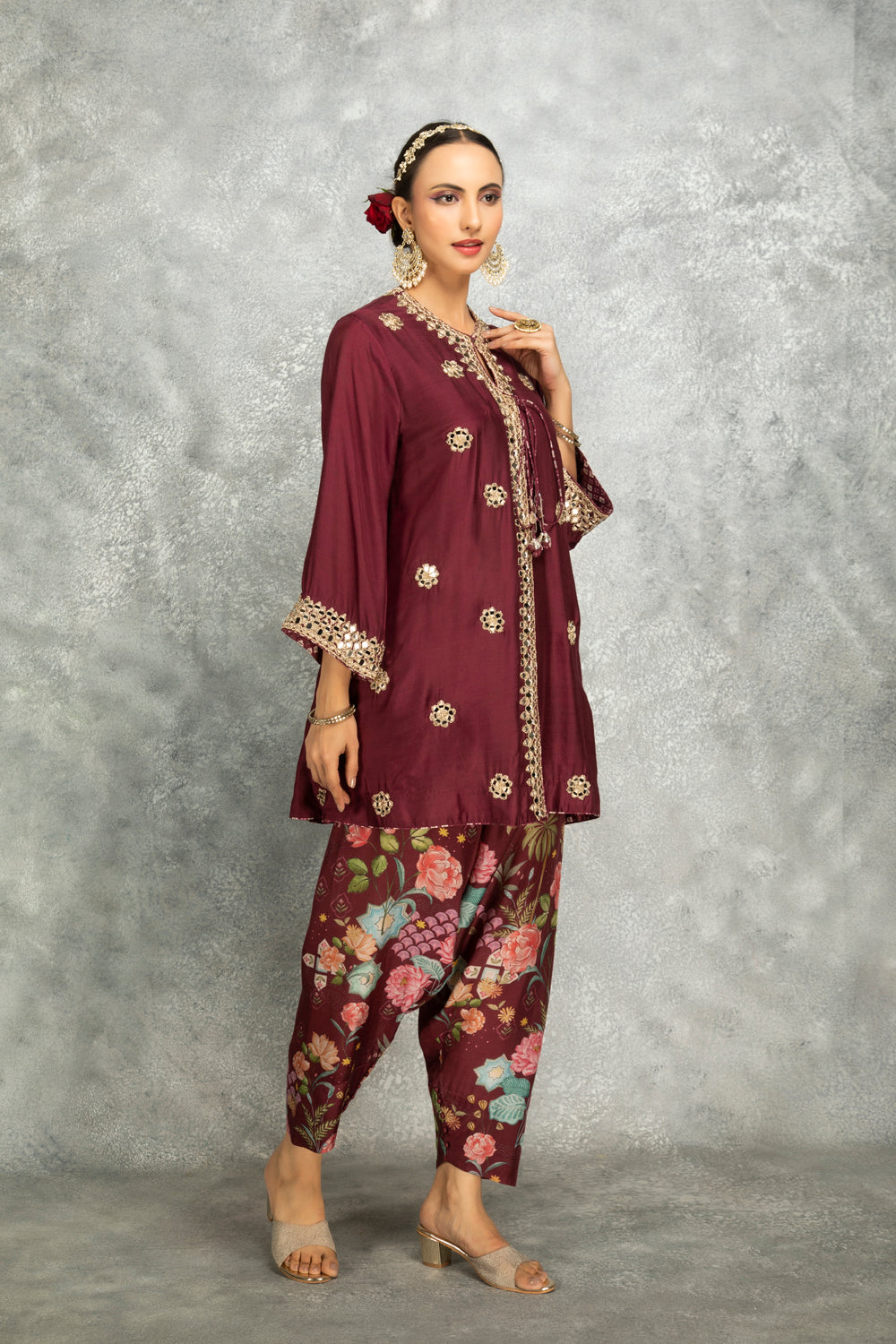 Wine Mirror Embroidered Angrakha With Printed Pants & Dupatta Set Of 3