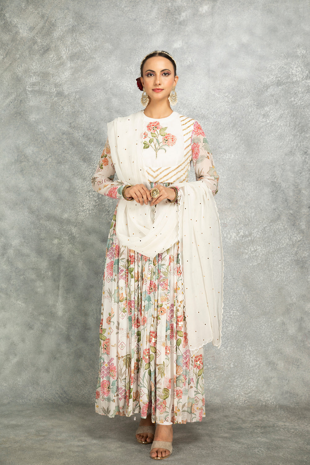 White Mirror Work With Scalloping Dupatta Set Of 3