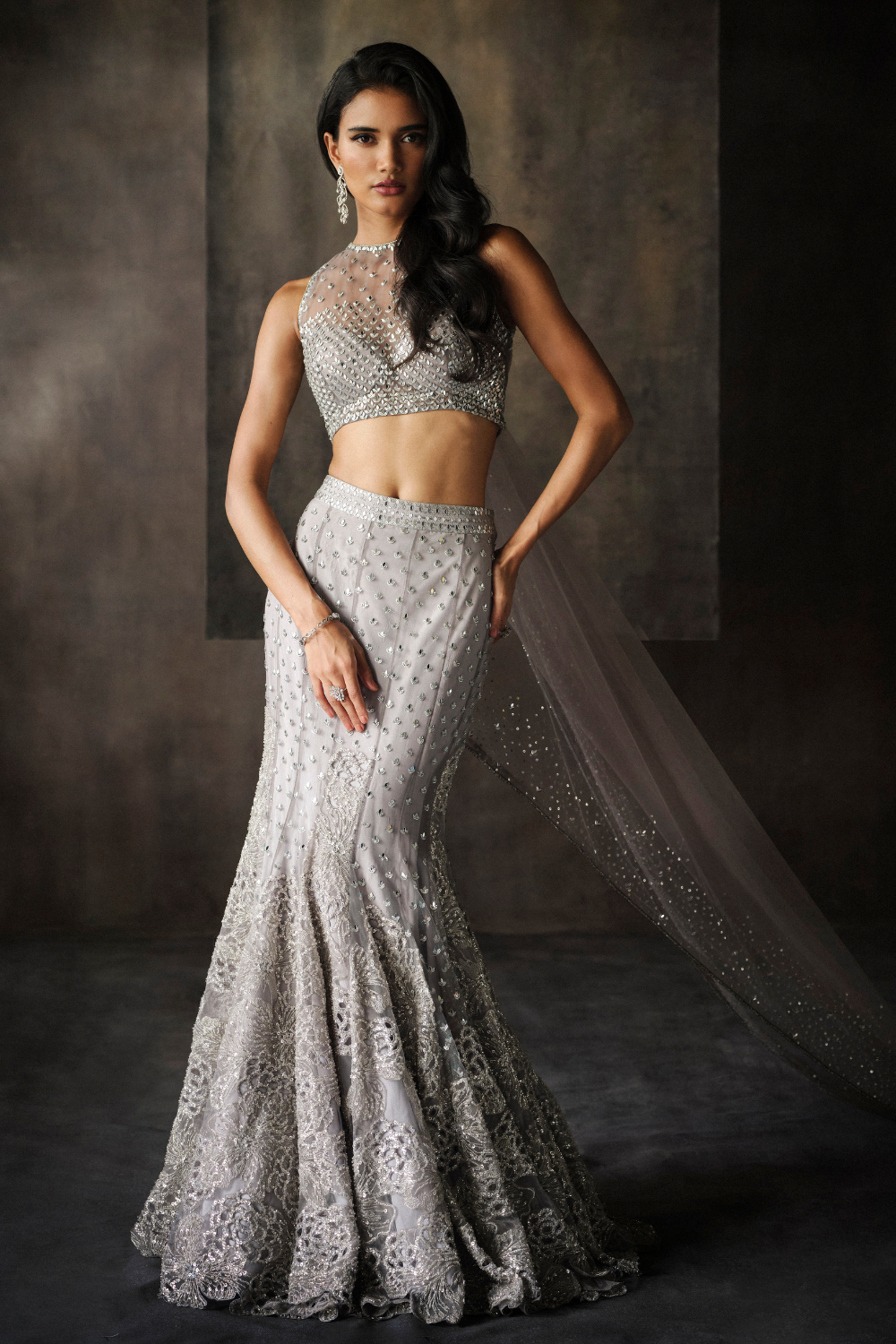 Grey fish cut cutwork lehenga